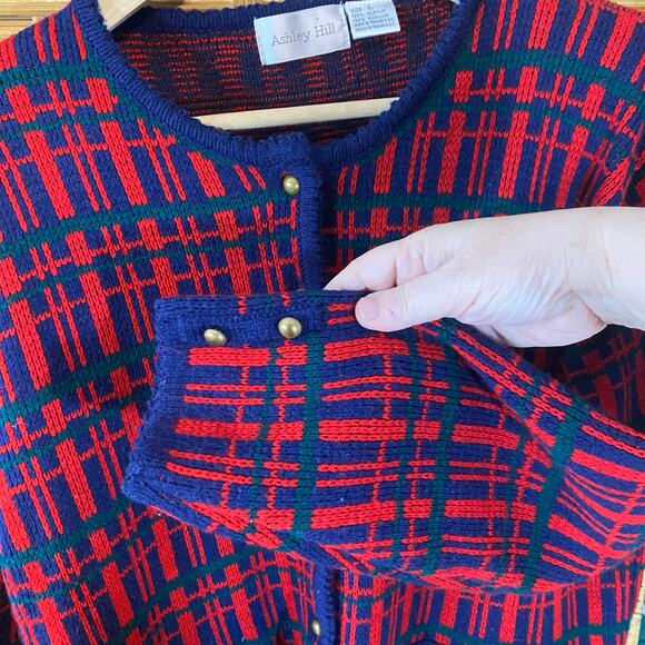 Vintage Ashley Hill Plaid Knit Cardigan Sweater Large Gold Buttons 80s/90s Retro - Picture 4 of 6